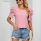 thumbnail image 2 of Blusa rosa con mangas plisadas, cuello redondo, manga corta informal, talla XL, elegante para verano, 2 of 8