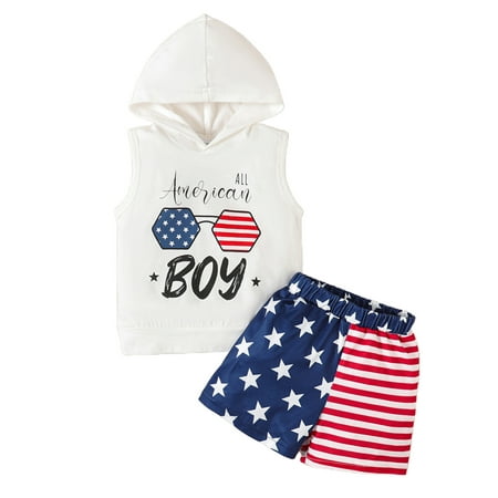 

Loalirando Infant Baby Boy 4th of July Outfits Letter Hooded Tank Tops Elastic Flag Shorts Set Independence Day Clothes