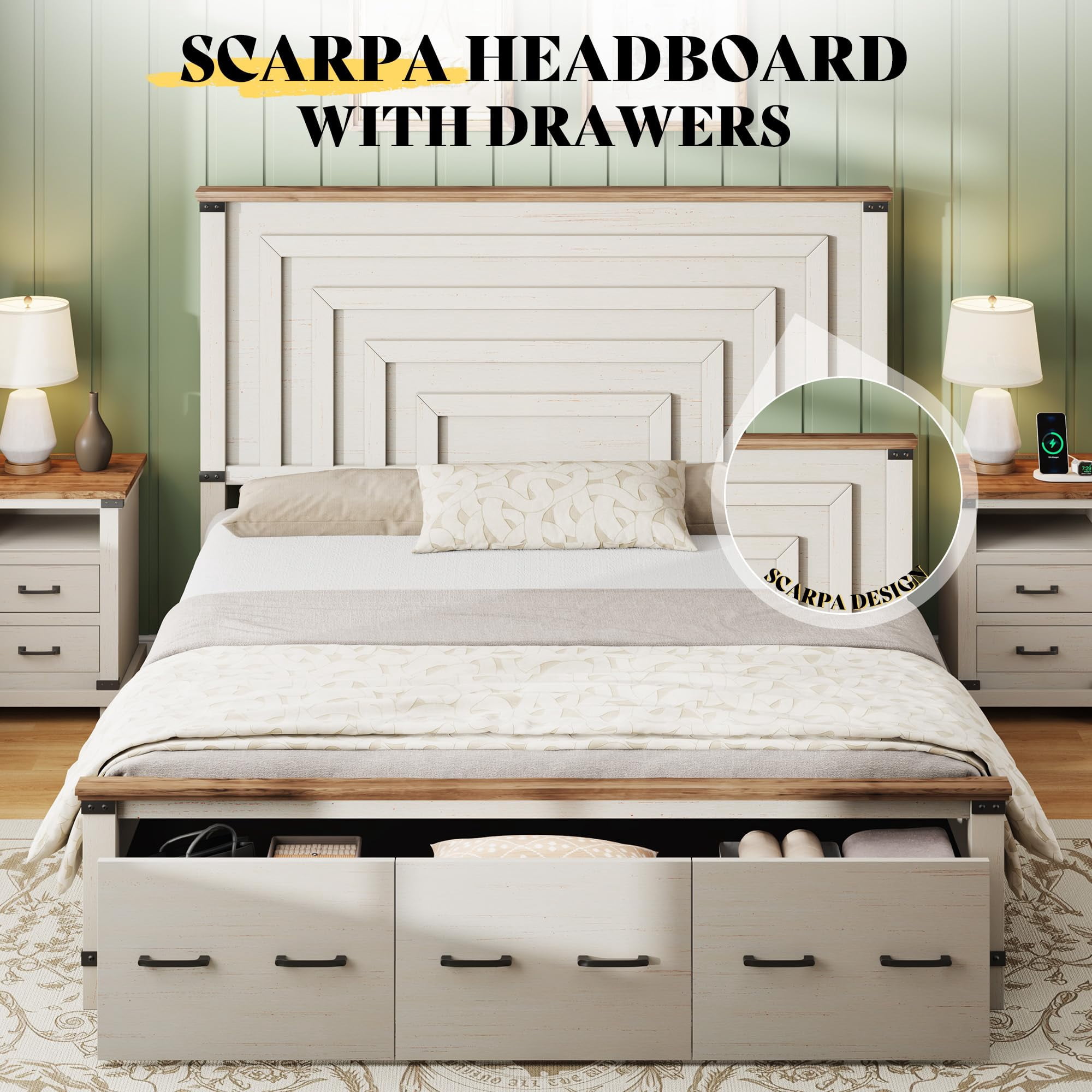 PLAUIN Farmhouse King Size Bed Frame, Rustic Wood Platform with Footboard & Wood Slats, White