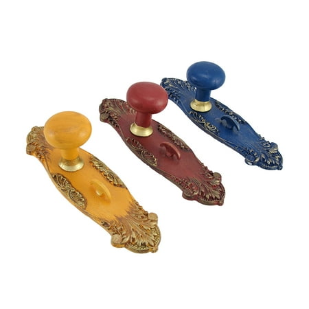 - Set of 3 Vintage Door Knob Wall Pegs Hooks Golden Yellow, Navy, Red