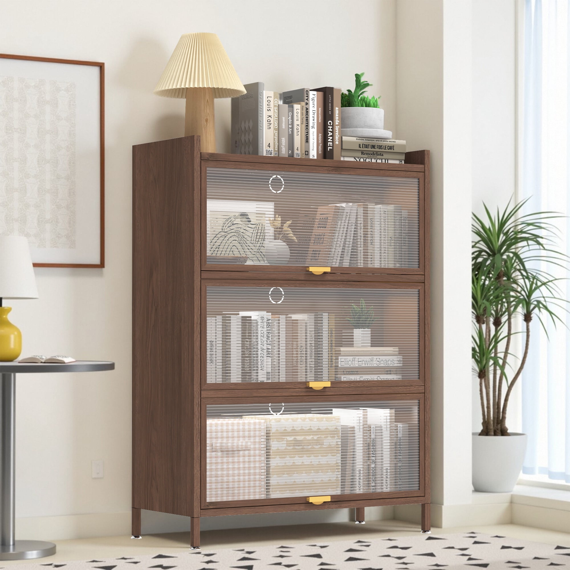 Mintazer Metal Pantry Cabinet, Storage Cabinet with 3 Flip Doors for Kitchen, Living Room, Dining Room, Office, Brown