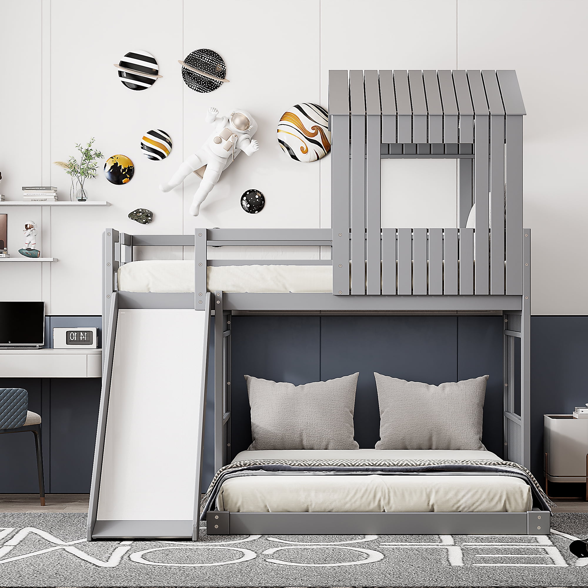 Homy Casa Twin Over Full Bunk Bed, 89" Wood House Bed with Slide, Guardrails & Slats for Kids Bedroom, Gray
