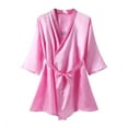 thumbnail image 3 of Womens Soft Pajama Clearance- Solid Color Bathrobes Sexy Silk Satin Plus Size Robe Sleepwear Pink Size 2XL, 3 of 9