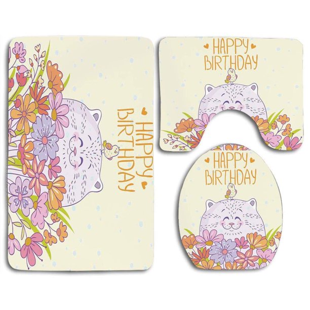 ABPHQTO Cumpleaños Adorable Gato Feliz Pájaro Ramo Flores Pradera Positivo Lila Juego de alfombras de baño de 3 piezas Alfombra de baño Alfombra de contorno y tapa de inodoro ABPHQTO Cont-CHAPPLE-39574