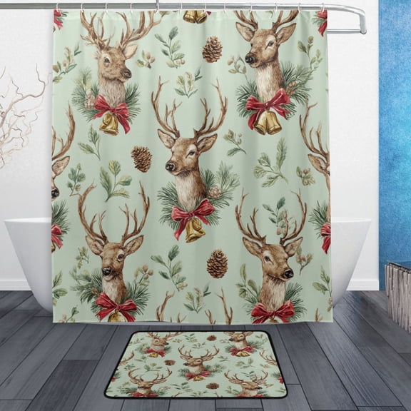 TTYFWHD 60" x 72" Shower Curtain and Bath Mat Set Watercolor Reindeer Pattern Waterproof Bathroom Curtain with 12 Hooks, Bathroom Decor Set