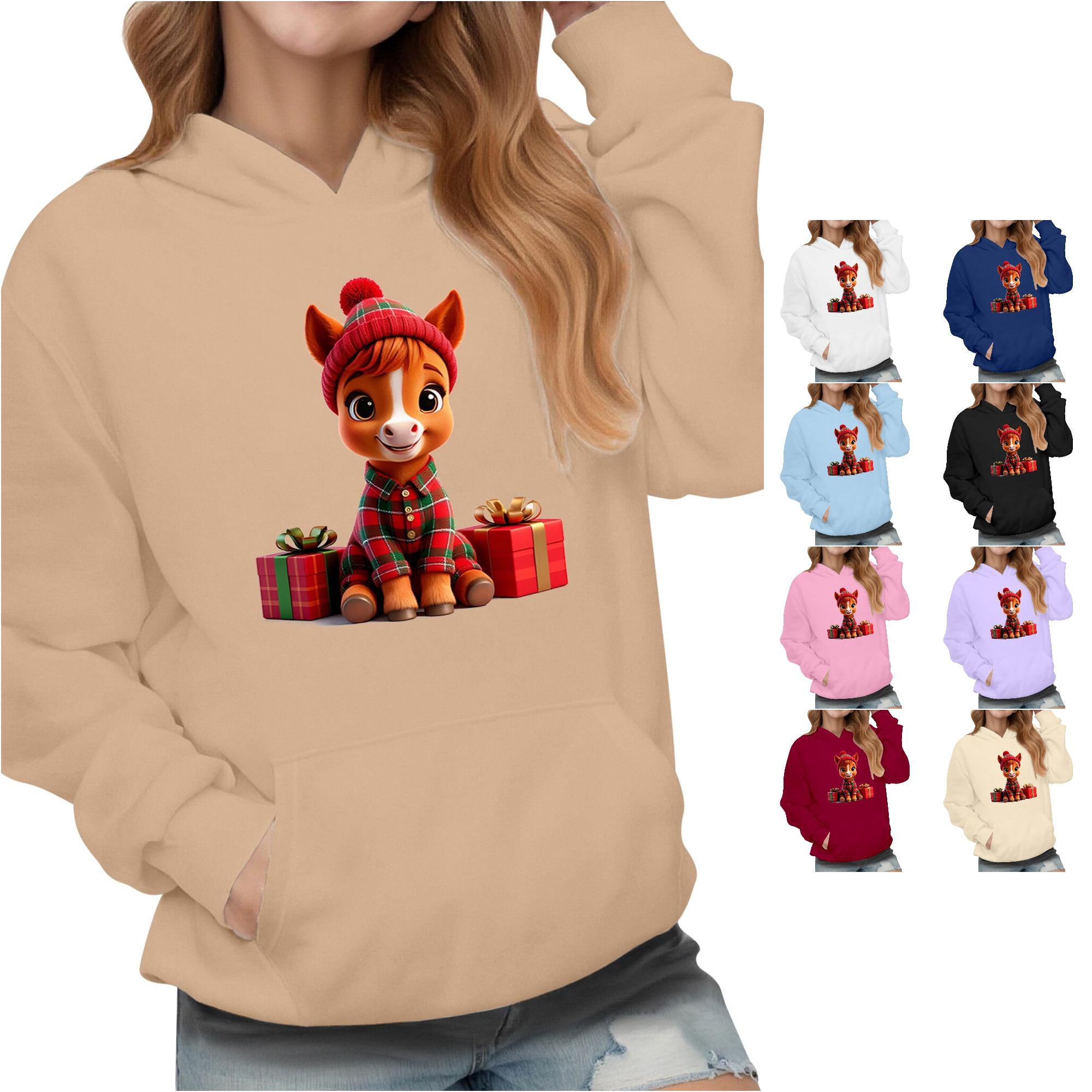 SONXAHE Toddler Girl s Plaid Horse Print Hoodie Long Sleeve Sweatshirts Holiday Wear Hooded Sweatshirt Khaki