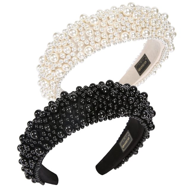 Diademas de moda para mujer, diademas de perlas blancas para niña, diadema acolchada negra con pedrería, accesorios para el cabello con perlas y diseño elegante.