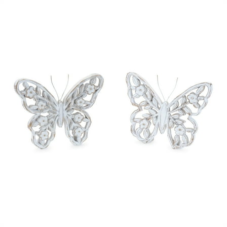 Melrose Floral and Leaf Cut-Out Butterfly Decorations - 5.5" - White - Set of 2
