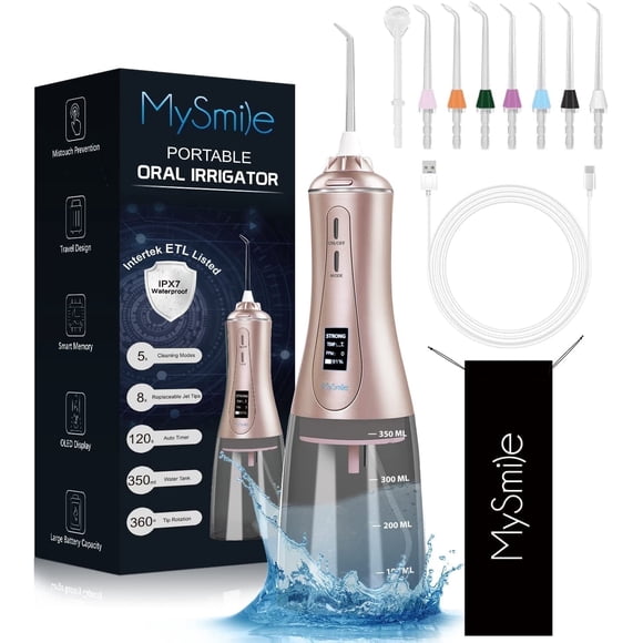 MySmile Flosser de agua inalámbrico para limpiador de dientes, herramienta de eliminación de placa dental 350ml con 5 modos 8 puntas de chorro pantalla OLED, irrigador oral impermeable IPX7,Oro rosado