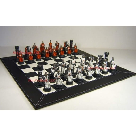 Medieval Times Crusades Red  White Maltese Chess Set Black Faux Leather Board