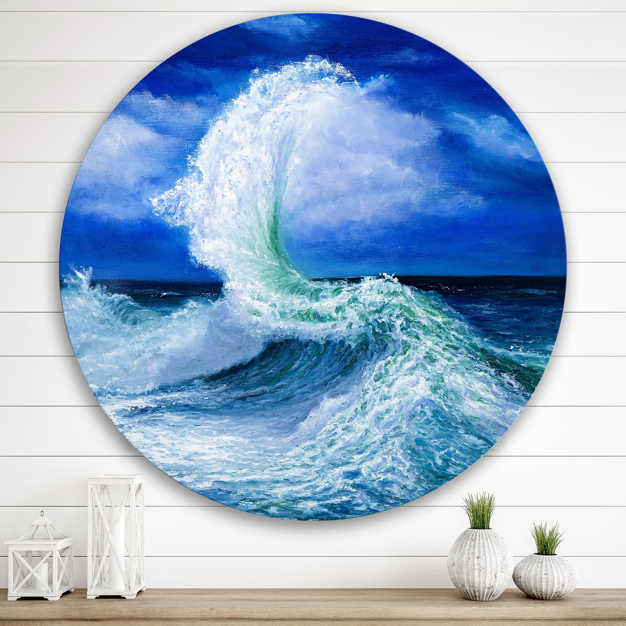 Designart 'Waves Breaking During Wild Blue Ocean Tide' Nautical & Coastal Circle Metal Wall Art 29x29 - Disc of 29