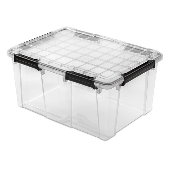 Sterilite Large Gasket Box, 80 Quart WaterProof Clear Plastic Storage Bin with Lid, Gasket Seal and Durable Latches, Black