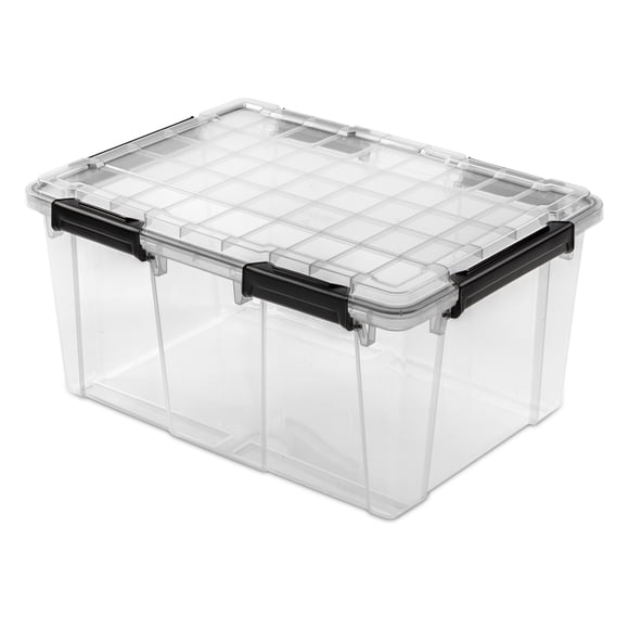Sterilite 76 L Gasket Box, WaterProof Clear Plastic Storage Bin with Lid, Gasket Seal and Durable Latches, Black