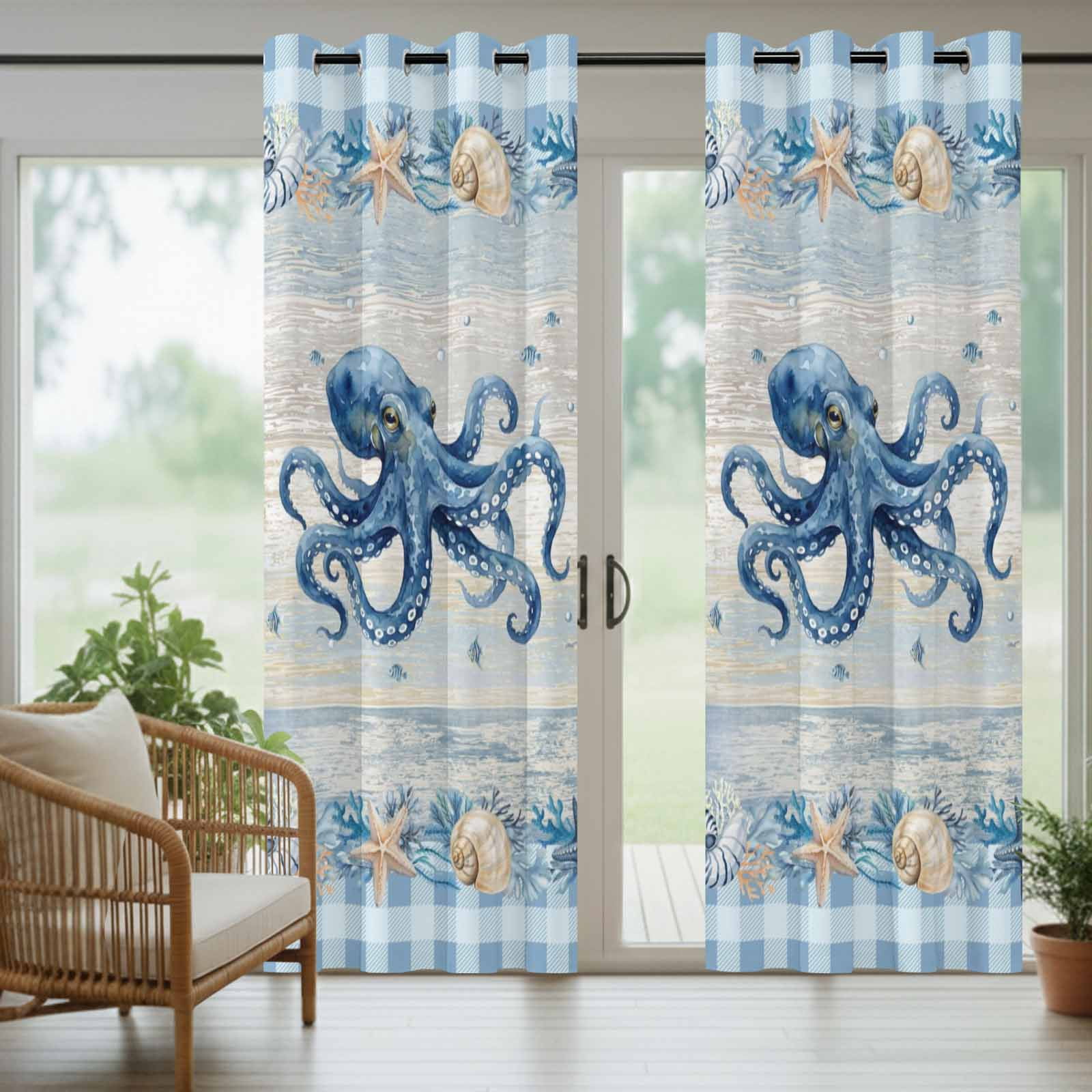 Blue Octopus Coastal Outdoor Curtains for Patio, Summer Starfish Beach Coral Shell Vintage Sunshade Privacy Drapes Grommet Waterproof Outside Curtains for Porch/Cabana/Balcony 54"x 108", 1 Panel