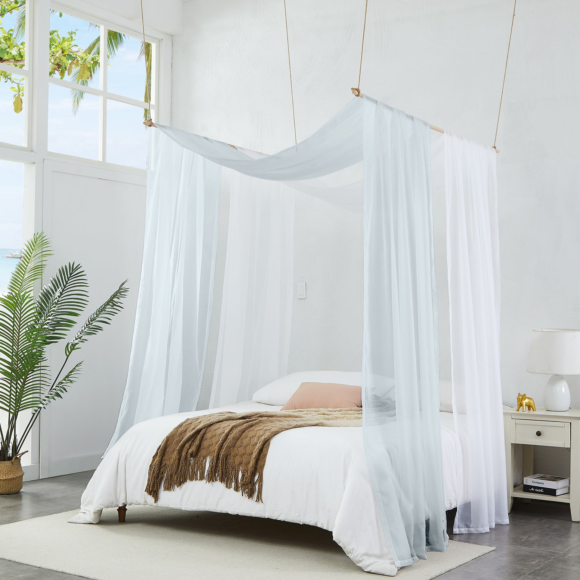 WARM HOME DESIGNS Set of 2 White & S Green Canopy Bed Curtains in 55 x 360 Inch Size. BE White & Silver 360