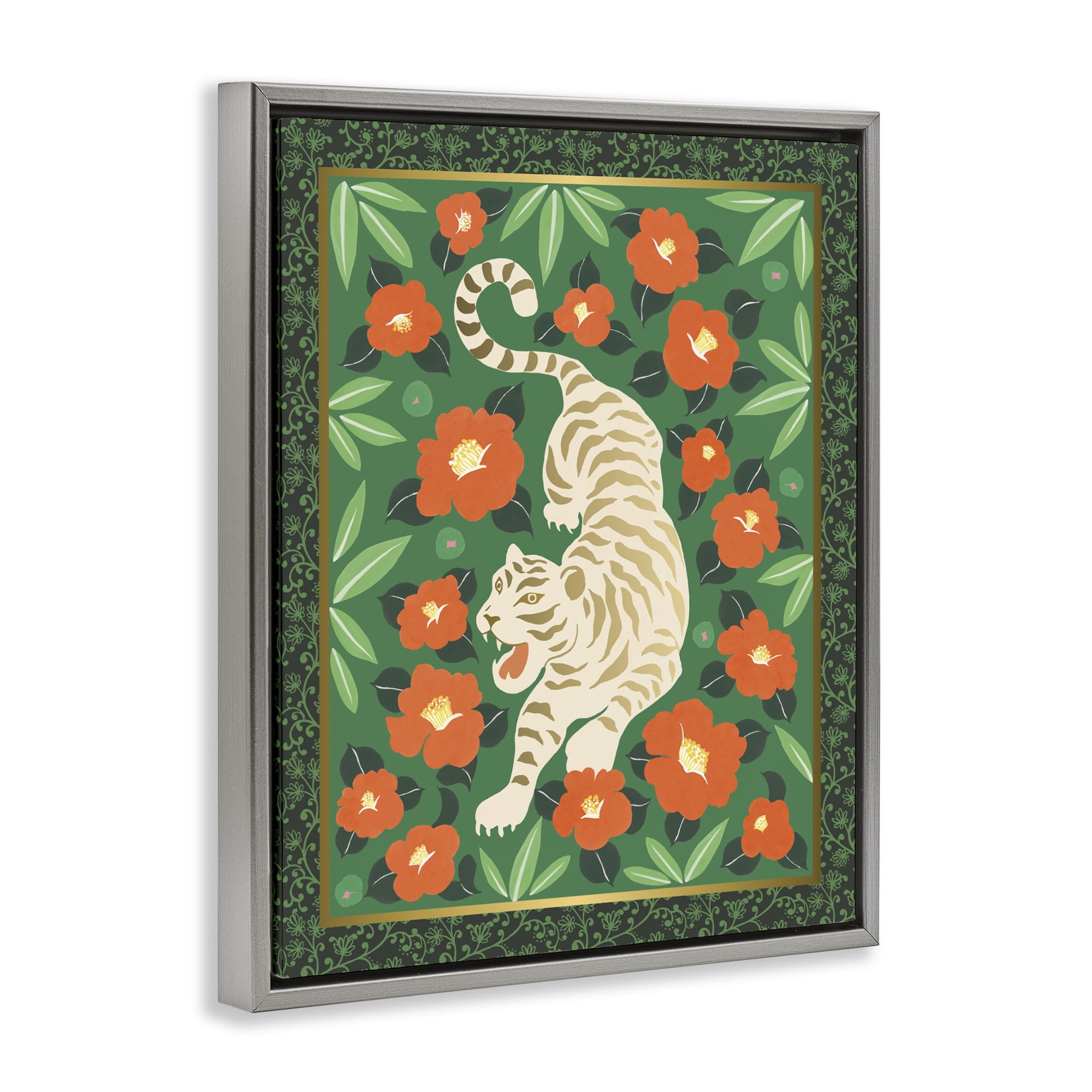 Stupell Industries Eclectic Tiger & Hibiscus Gray Framed Floater Canvas Wall Art, design by Karolina Sato