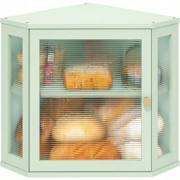 Corner Bread Box for Kitchen Counter Bamboo Wood Large Capacity Bread Storage Bin with Acrylic Wavy Door Panel Natural Meduim