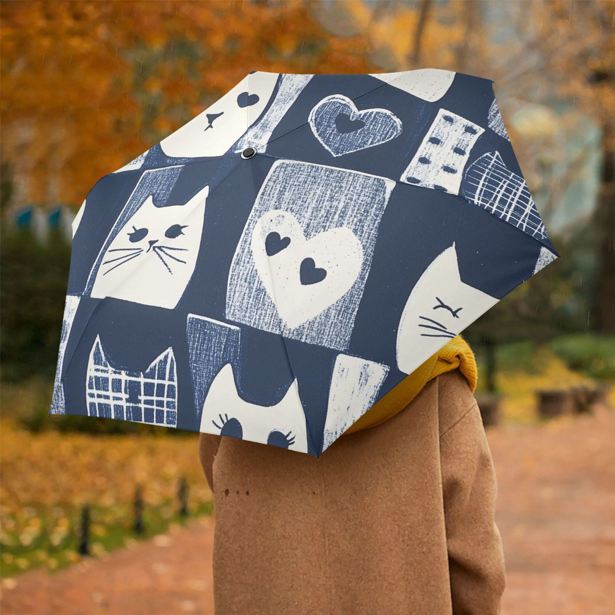 FORMRS Travel Umbrella Folding Auto Open Close Windproof Rain UV Protection, Blue Cats and Hearts