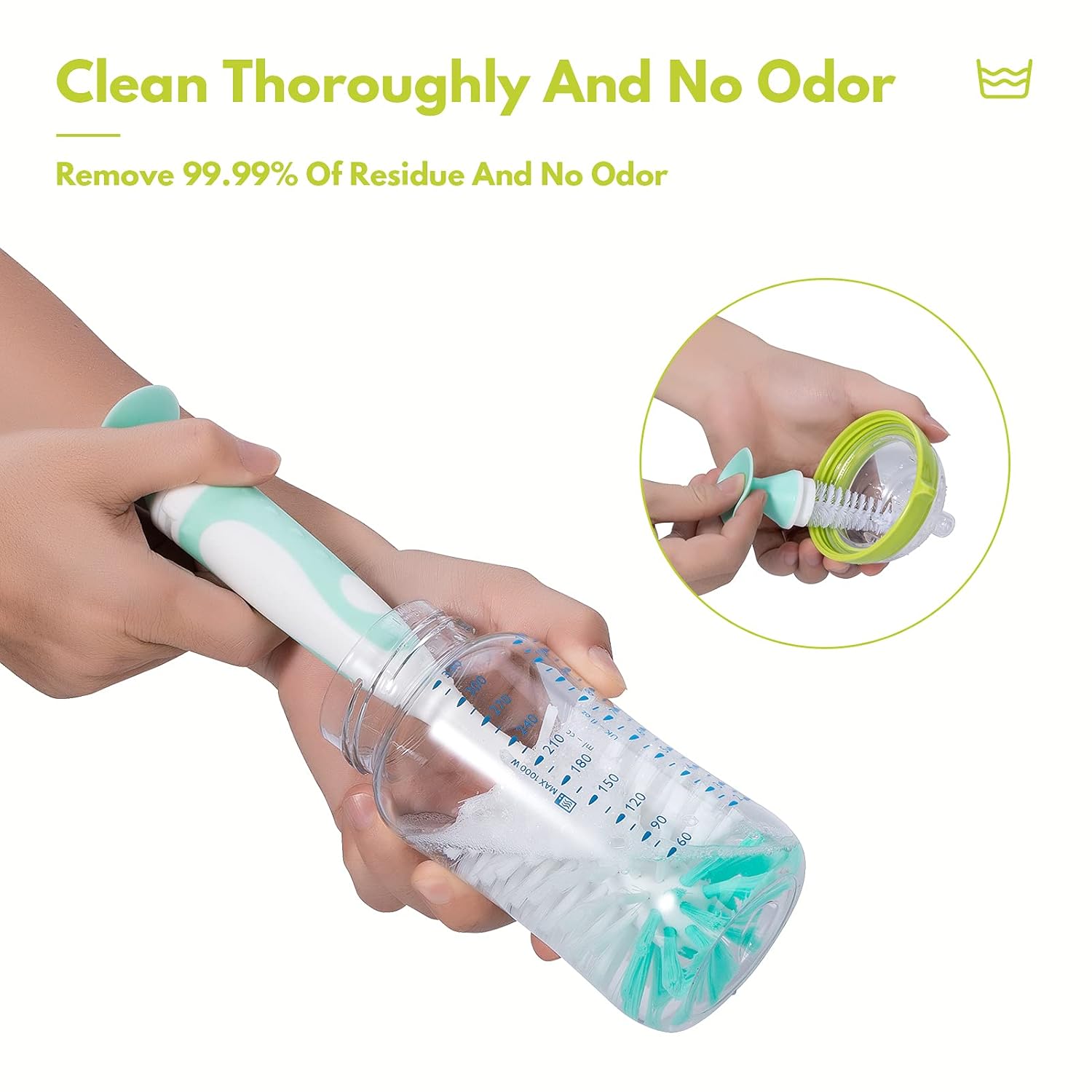 Baby Bottle Brush with One Base Hidden Nylon Nipple Cleaner, 2 Pcs Sponge Nipple Brushes, 2 Pcs Straw Brushes, Bottle Brush with Nipple Cleaner and Suction Cup (Gray)