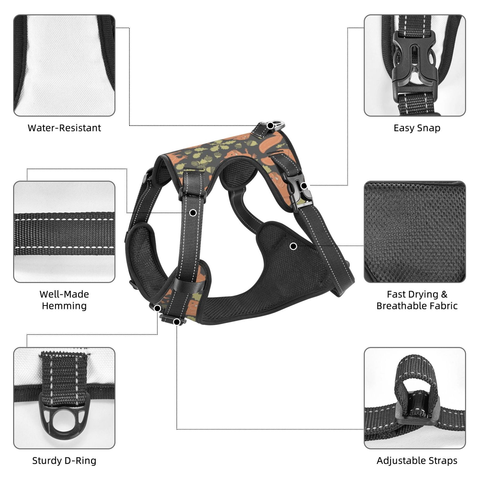 Kdxio Squirrel And Nuts Print No Pull Dog Harness Adjustable Reflective Oxford Easy Control Medium Large Dog Harness for Training and Everyday-Small