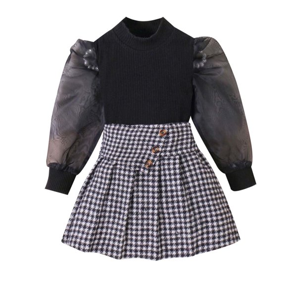 Toddler Baby Girls Clothes Plaid Skirt Set 2PCS Puff Sleeve Top and Pleated Girls Plaid Skirt Set Dress Outfit Girls Outfits Fall Winter for Birthday Gifts Size 4-5