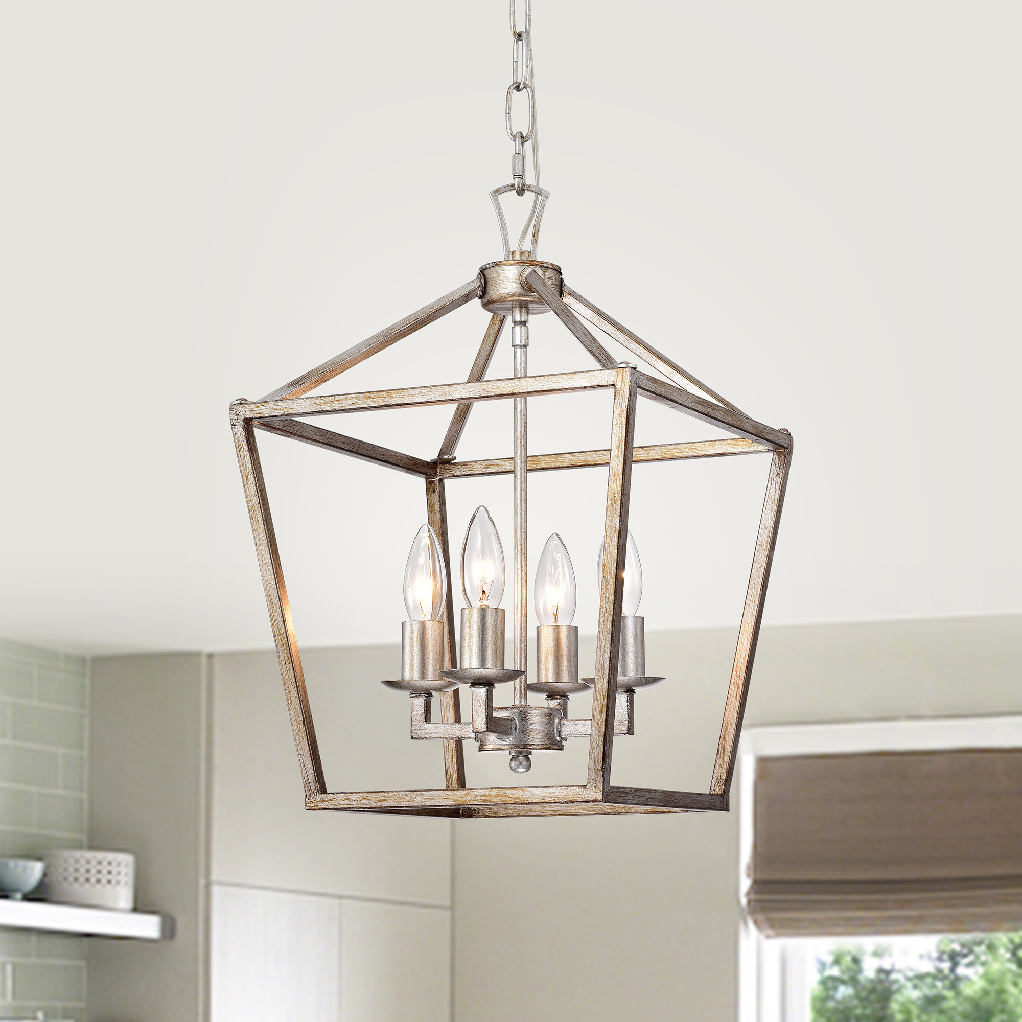 Warehouse of Tiffany Cohen Antique Silver 4-Light Open Metal Cage Lantern Chandelier