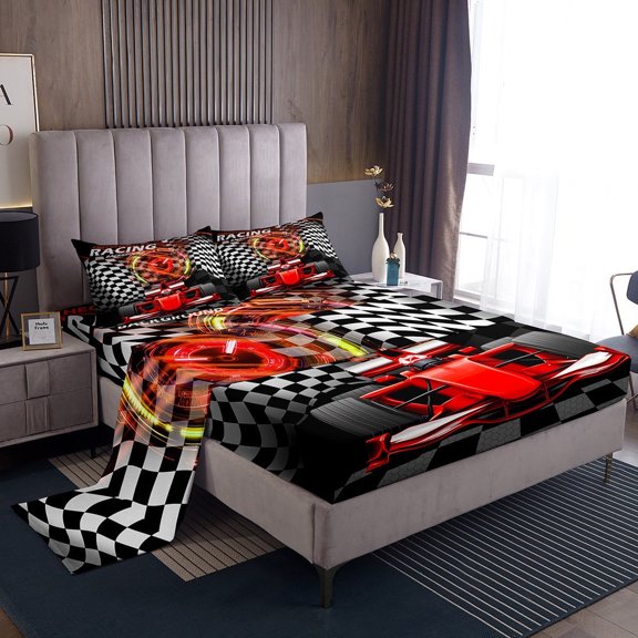 Erosebridal Sport Car Sheet Set Twin,Buffalo Plaid Bedding Sets Twin Size,Extreme Sport Twin Sheet Sets,Microfiber Car Room Decorative,3pcs