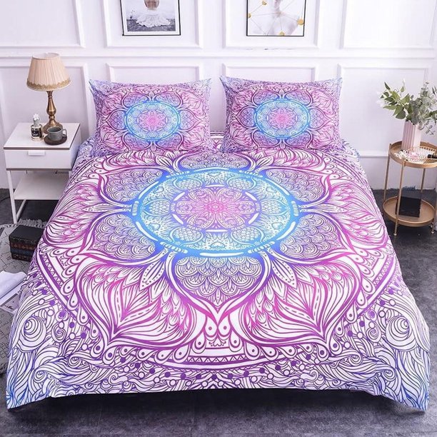 Rosa Azul Púrpura Mandala Funda Nórdica Boho Juego de cama Full, Queen, King, Dormitorio