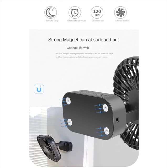 Mini Ventilador de Escritorio, Ventilador Recargable USB con Temporizador, Viento Fuerte, 3 Velocidades, 7 Hojas de Ventilador, Portátil, Silencioso, Oficina, Camping, Negro