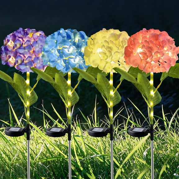 Rirool 4 Pack Solar Garden Lights Outdoor, Dual Mode Solar Hydrangea Flower Lights with 600mAh Battery, IP65 Waterproof, Warm White LED for Yard Pathway Lawn Patio Decoration