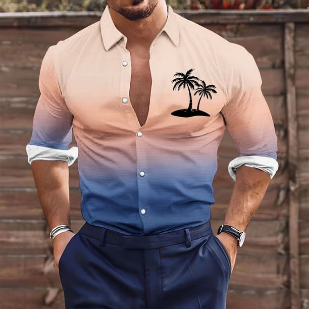 Blusa y camisa de manga larga con cuello vuelto para hombre, estilo casual, a la moda, con botones estampados, blusa de manga larga con cuello vuelto, camisetas de poliéster para hombre