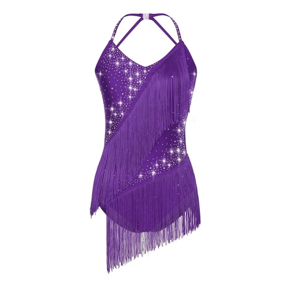 inlzdz Women Shiny Tassel Latin Dance Bodysuit Sleeveless Halter V-Neck Ballroom Dancing Dress Leotard Purple S