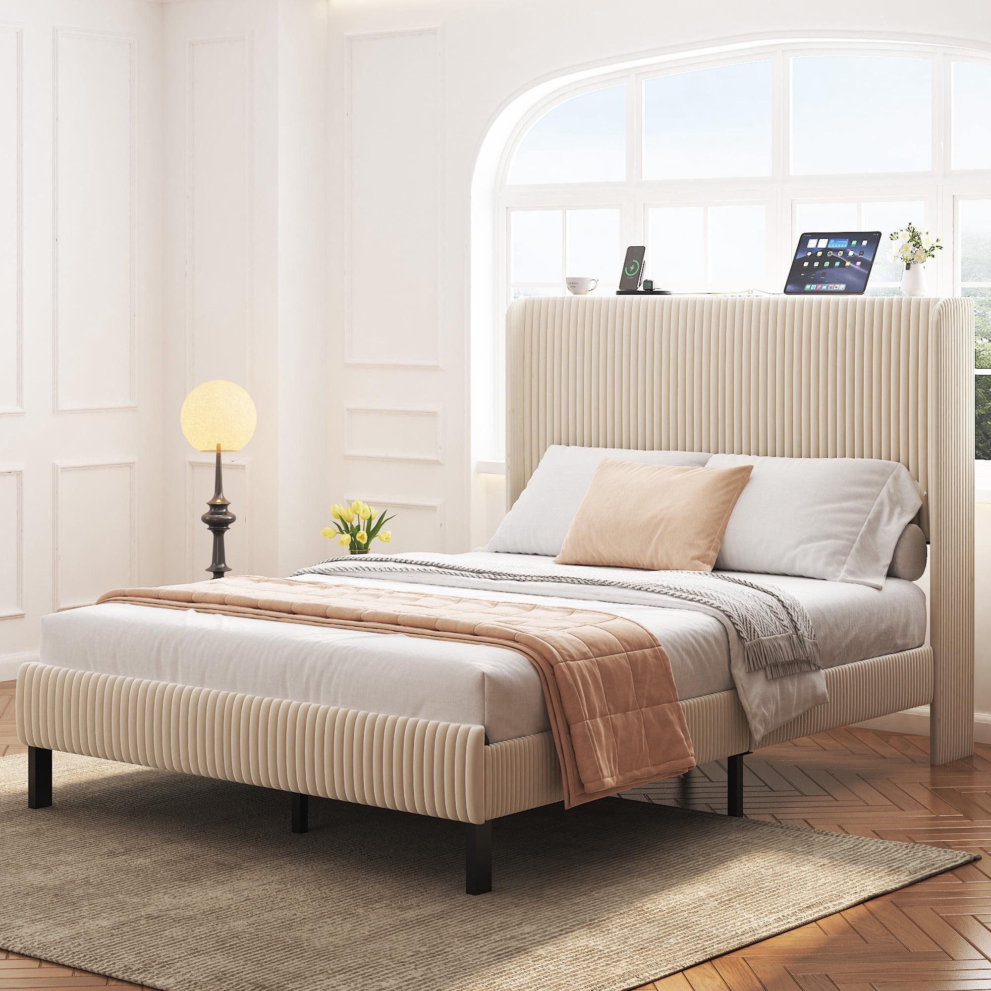 Yoneston Full Size Platform Bed Frame with Velvet Upholstered Headboard Storage Shelf and USB Port Charging Station for Bedroom, Beige
