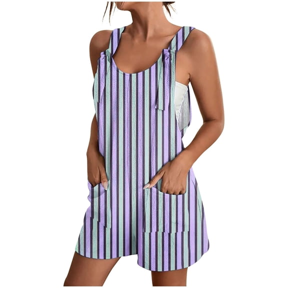 Summer Jumpsuits For Women Casual Adjustable Strap Vertical Printed Short Jumpsuit Breathable Sleeveless Loose Overalls Cute Comfy Rompers