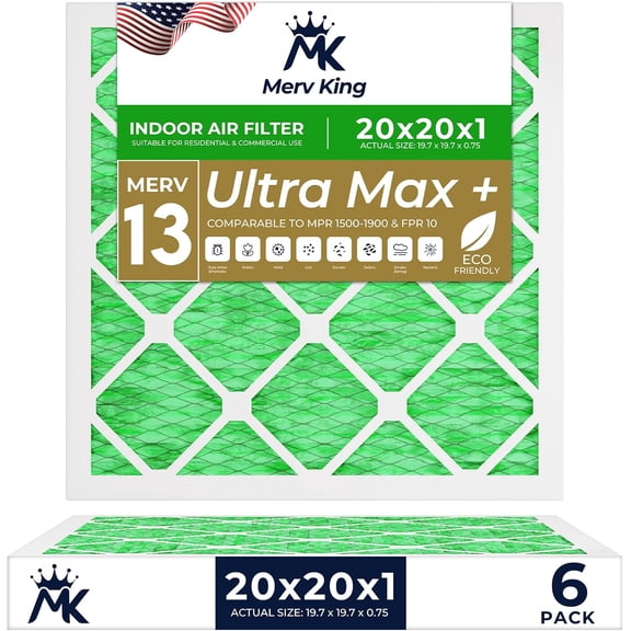 MervKing 20x20x1 Air Filter | MERV 13 | MPR 1500-1900 Ultra Max | 6-Pack | Pleated HVAC AC Furnace Replacement Air Filters | Actual Size: 19.7" x 19.7" x 0.75"