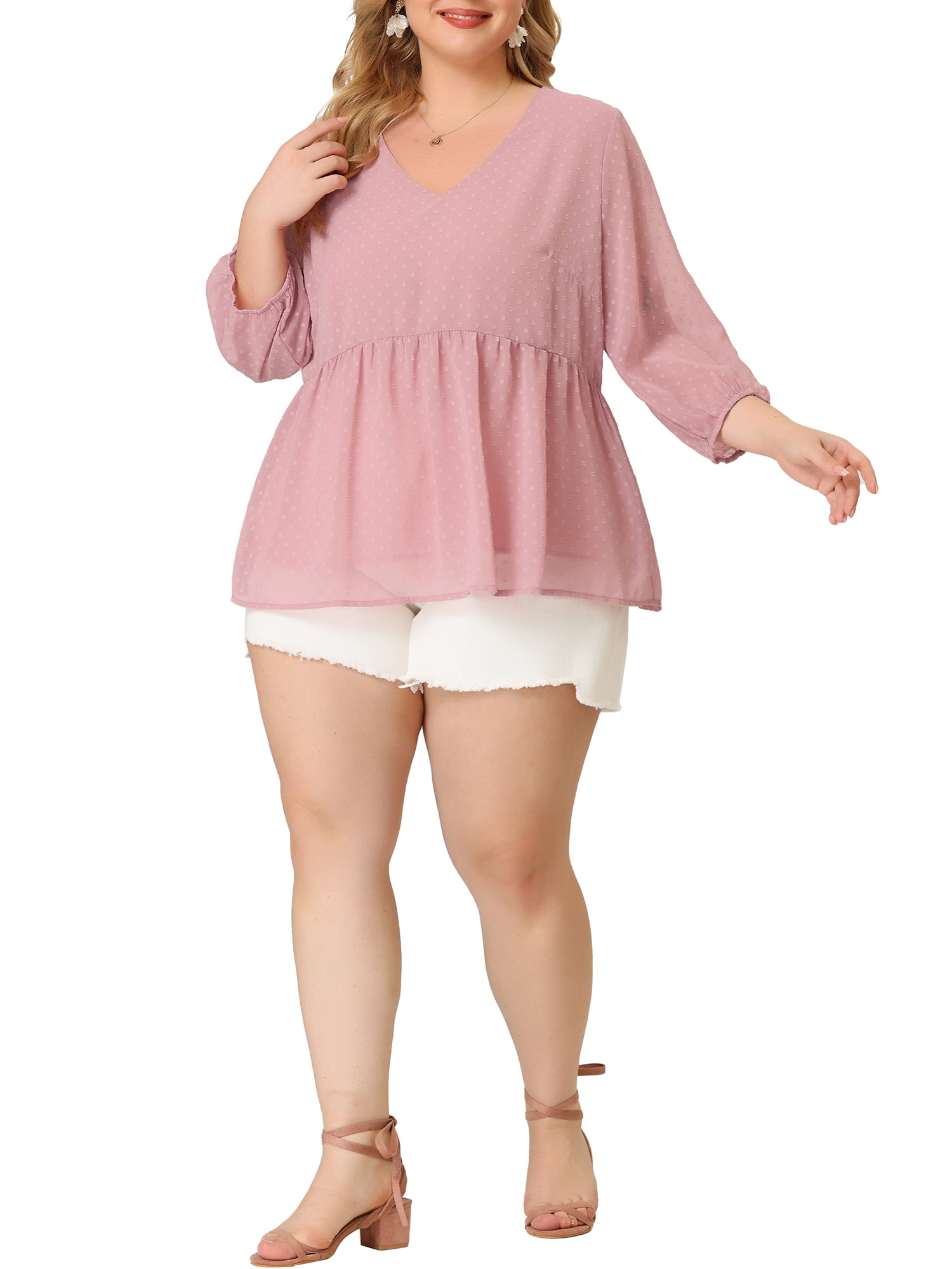 Unique Bargains Juniors' Plus Size Chiffon Tops Babydoll Long Sleeve Swiss Dots Blouses Pink 3X