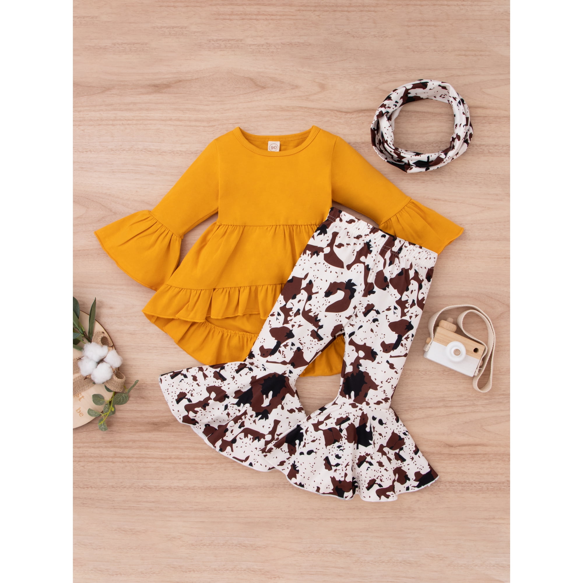 Xingqing Toddler Baby Girls Autumn Clothes 3pcs Ruffle Long Sleeve Dress Tops Flared Pants Scarf Set Yellow 9 12 Months