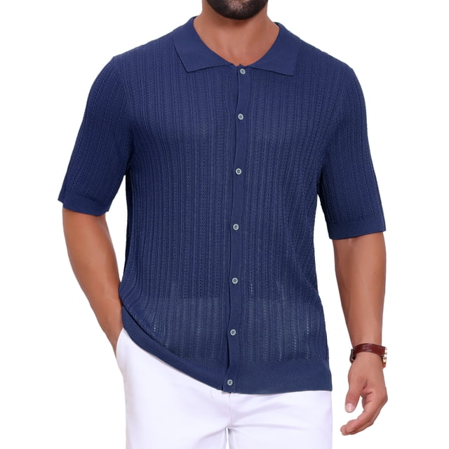 CAMISA DE RAYAS CHIC PARA HOMBRE, MANGA CORTA, TEJIDO TRANSPARENTE, TALLA XL, AZUL OSCURO