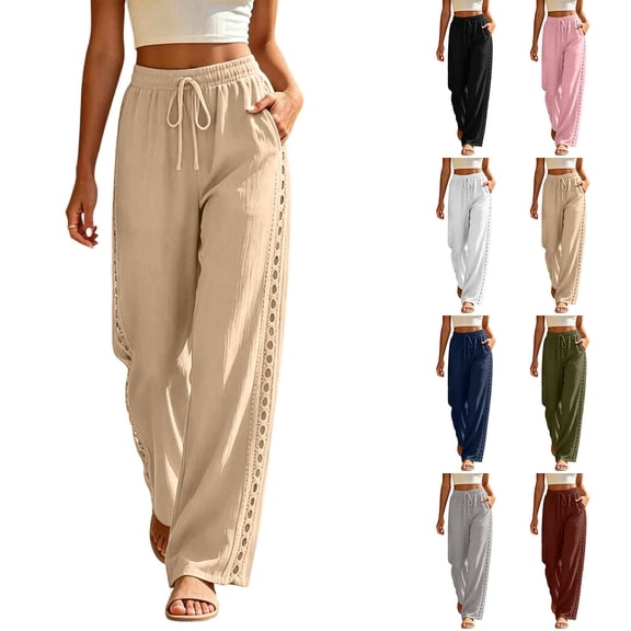 Hvogkswy Wide Leg Pants Woman Elastic High Waist Drawstring Trousers Side Hollow Cutout Loose Comfy Beach Vacation Long Pants with Pockets