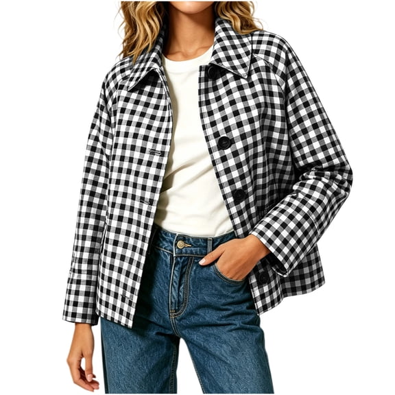 Admvng Womens Gingham Plaid Jacket Button Down Lapel Long Sleeve Cropped Casual Checkered Outerwear