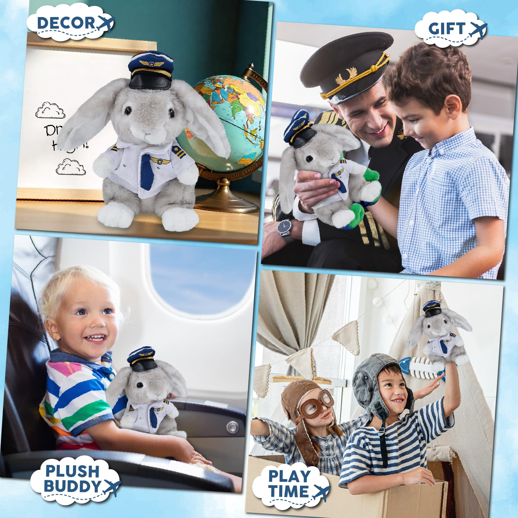DolliBu Super Soft Grey Rabbit Stuffed Animal with Pilot Costume - Cute Farm Plush Toy with Airplane Aviation Uniform Dress Up - 6.5 Inches