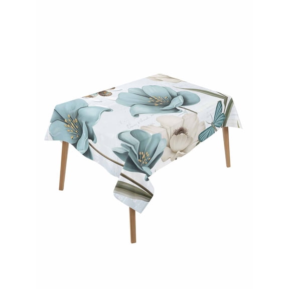 Blue Tulips Table Cloth, Waterproof Tablecloth for Rectangle Tables, Watercolor Flowers Butterfly Spring Farmhouse Blue Reusable Washable Fabric Table Cover for Restaurant Kitchen Dining 60"x84"