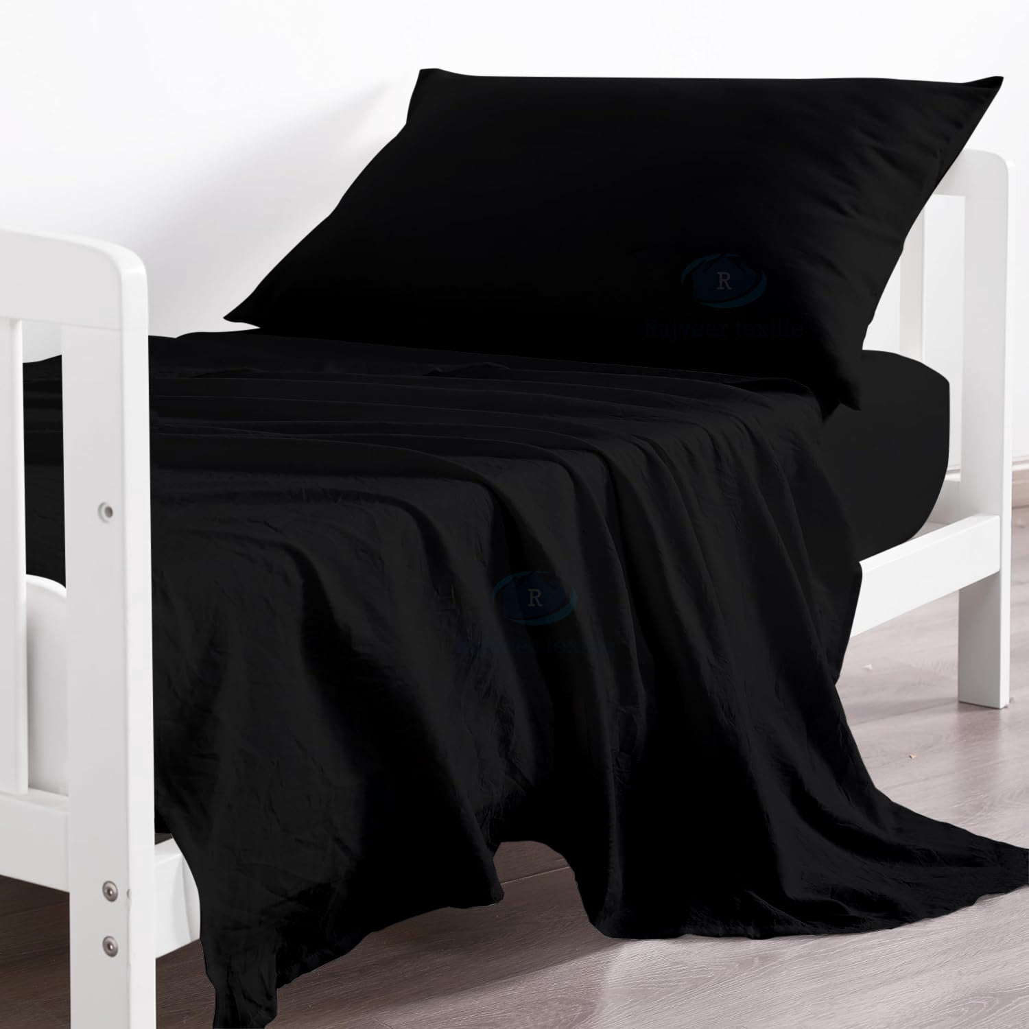 Egyptian Cotton 3 Piece Toddler Bedding Set Includes Crib Mattress Sheet Upto 12" Deep Pocket, Flat Sheet and Envelope Pillowcase, Silky Soft, Breathable and Lightweight, Black Color