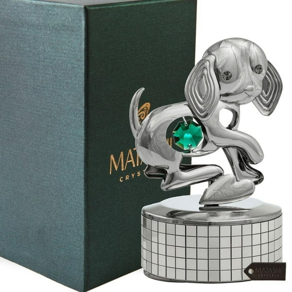 Matashi, Chrome Plated Dog Music Box plays "Memory"  Silver Table Top Ornament w/ Green Crystal  Home, Bedroom, Living