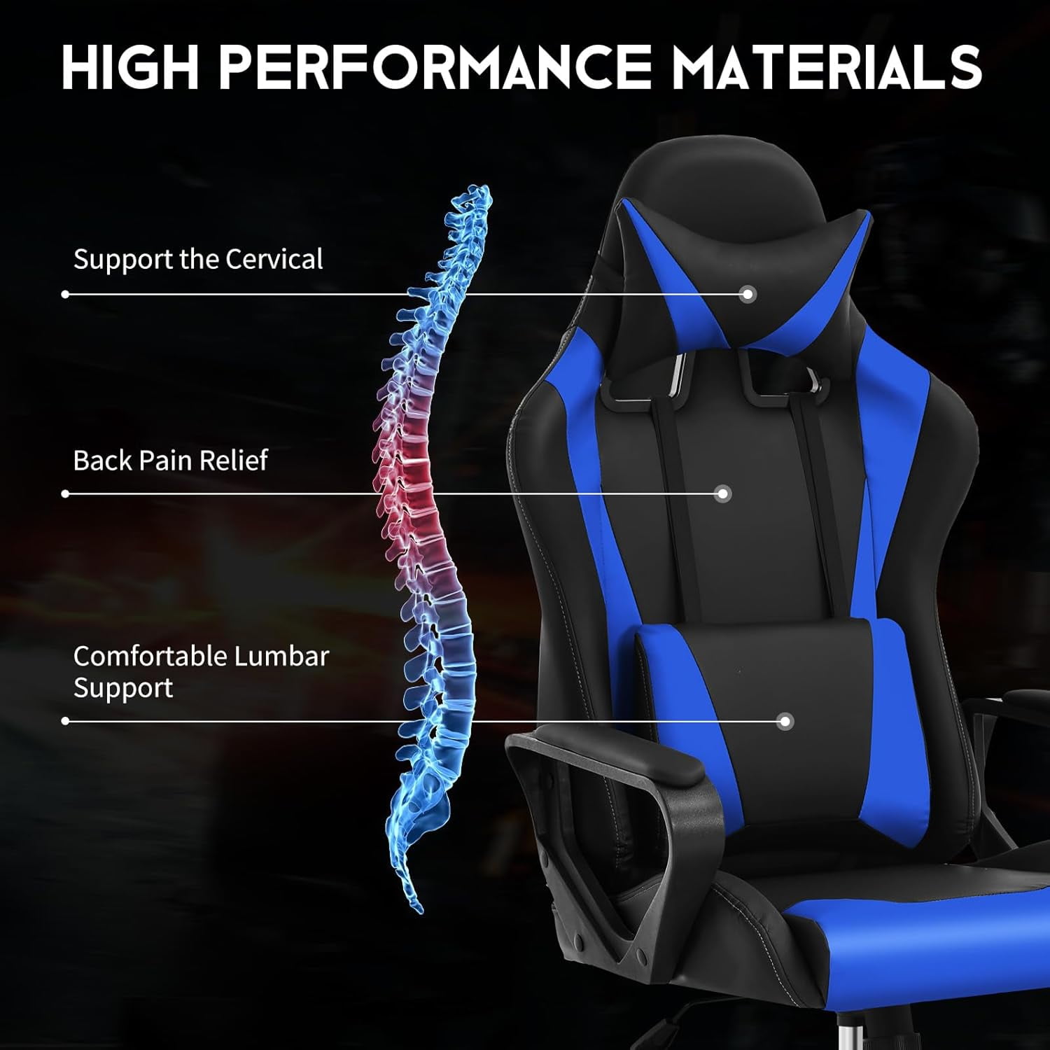 BIQWBIC Gaming Chair, High-Back Ergonomic Video Game Chair for Teen, with Adjustable Seat, Lumbar Support, Armrest and Headrest, Blue