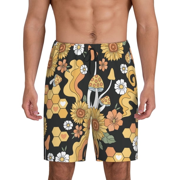 Balery Mushrooms Honeycomb Pantalones cortos de pijama de punto de algodón para hombre con cinturilla y bolsillos-3X-Large