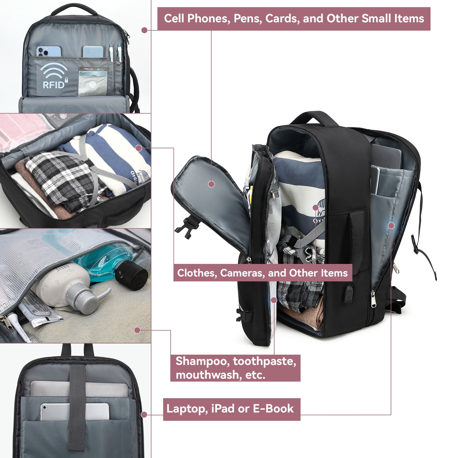 XJ-HOME Travel Backpack for Women, Flight Approved Carry On Backpack, Person Item Suitcase Backpack, 15.6" Laptop Backpack with USB Charging Port, Weekender College Daypack for Business Hiking, Black
