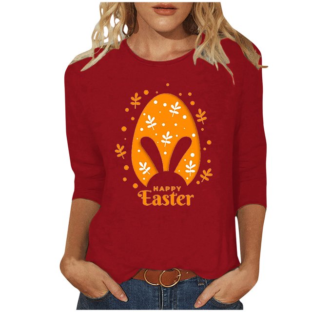 RKSTN Hauts de Pâques pour Femmes Tendance Pâques Printemps Été Col Rond Manches 3/4 Blouse Douce Hauts Oeufs de Pâques Mignon Lapin Imprimé Coupe Ample Hauts
