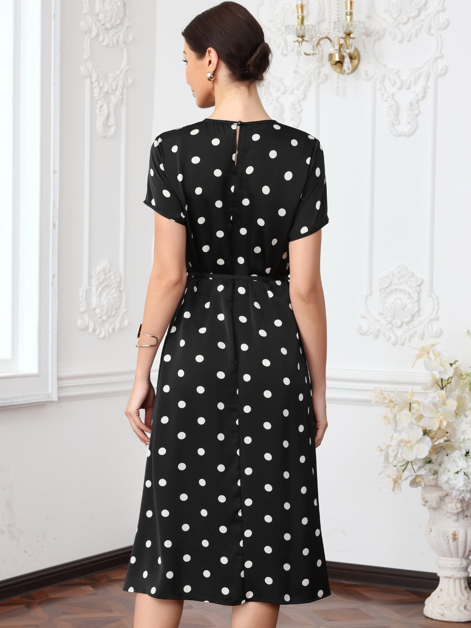 DARING DIVA Women's Polka Dots Short Sleeve Crew Neck Casual Belted Midi Dress M Black