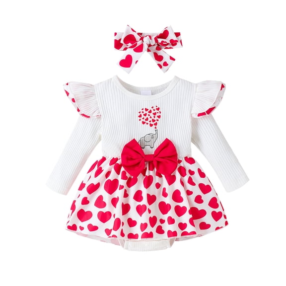 Baby Girls 2 Piece Outfits Heart Print Long Sleeve Romper Dress and Cute Headband Set for Toddler Infant
